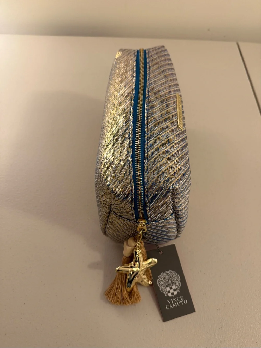 Vince Camuto Cosmetic Bag w/ Starfish and Tasseled Zipper in Blue/Gold - NWT